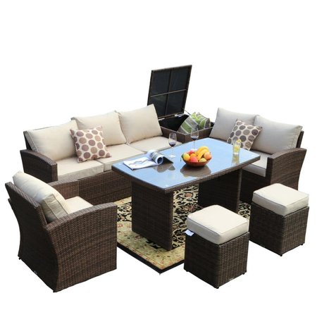 CLAUSTRO 7 Piece Outdoor PE Rattan Wicker Patio Sofa Set with Wide Cabinet, Brown CL2566968